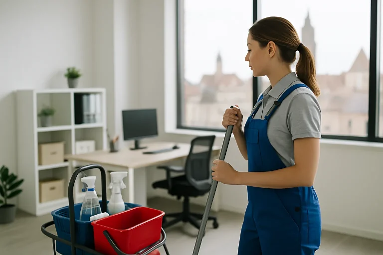 Équipe de nettoyage en action dans un bureau lumineux à Gravelines, illustrant des services professionnels.