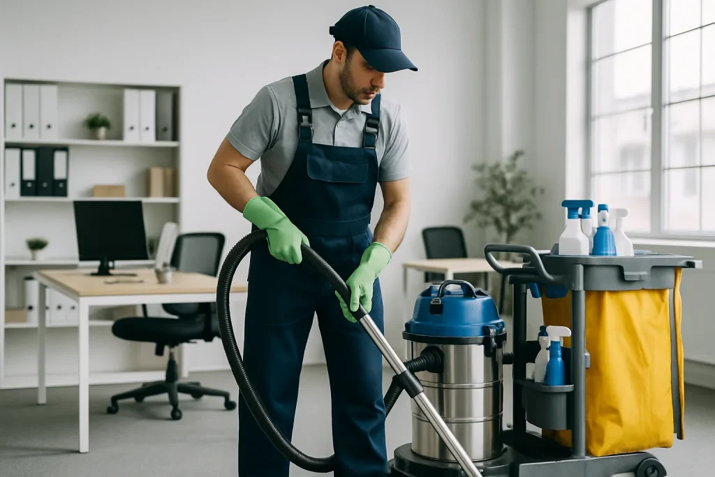 Un agent de nettoyage effectuant son travail dans un bureau à Sin-Le-Noble, avec des produits écologiques.