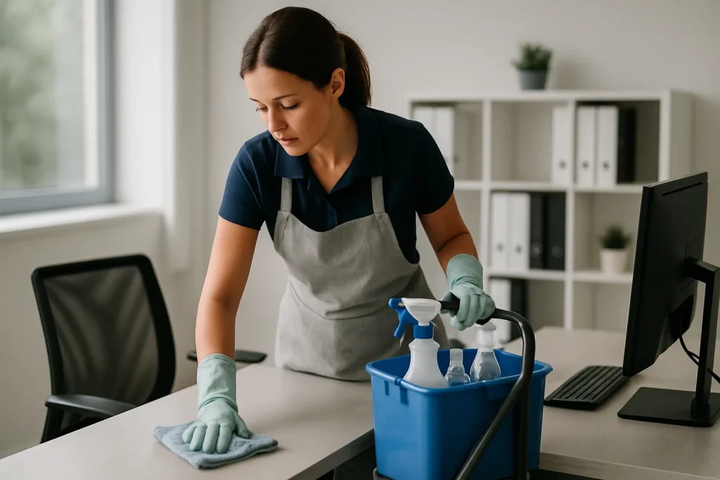 Équipe de nettoyage à Auby utilisant des produits écologiques dans un appartement.