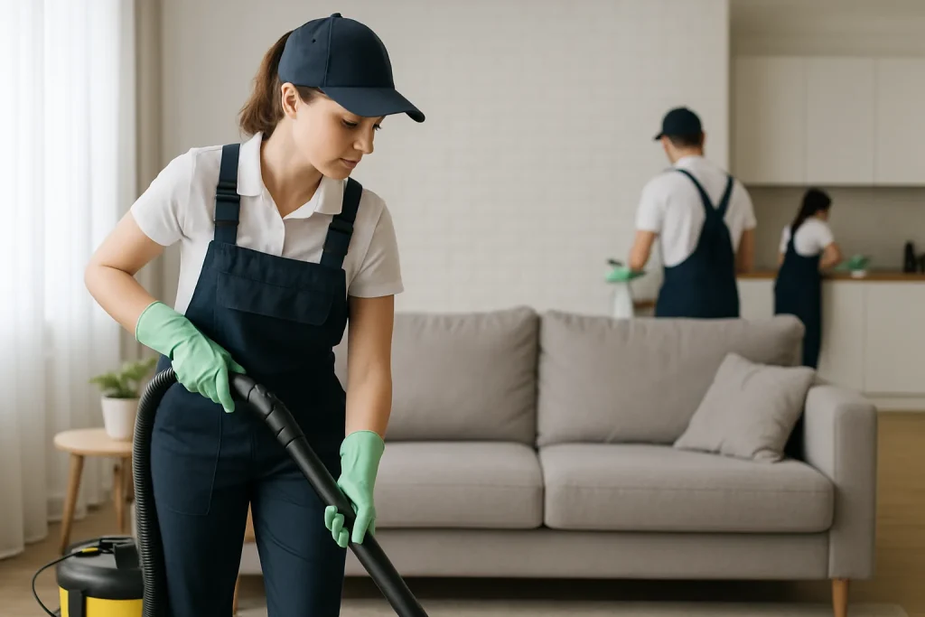 Équipe de nettoyage dans une maison à Houplines, utilisant des produits écologiques.