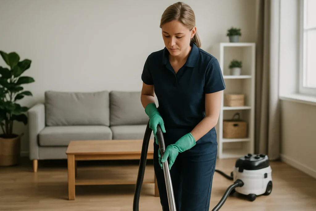 Équipe de nettoyage utilisant des produits écologiques dans une maison à Leers.