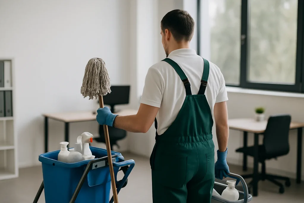Un agent de nettoyage professionnel à Marly nettoyant un bureau moderne avec des produits écologiques.