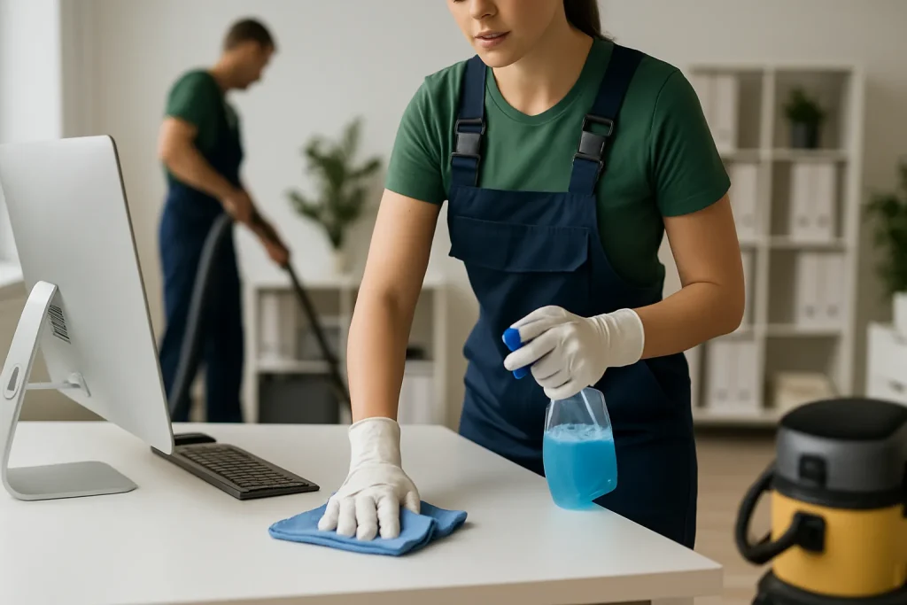 Équipe de nettoyage professionnelle à Ronchin, nettoyant un appartement lumineux.