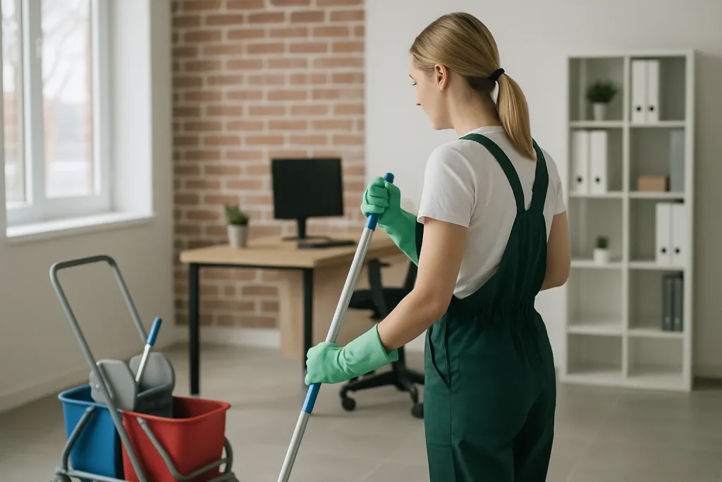 Professionnel du nettoyage dans un appartement lumineux à Saint-André-Lez-Lille, aspirateur en main.