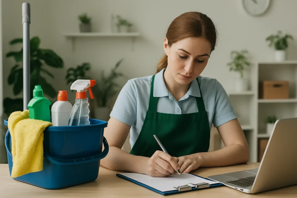 Bureau moderne d'entreprise de nettoyage avec des documents administratifs et des plantes.