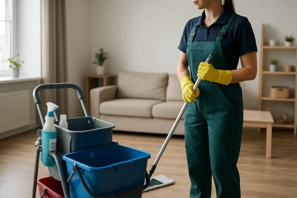 Équipe de nettoyage dans un appartement à Lillers utilisant des produits écologiques