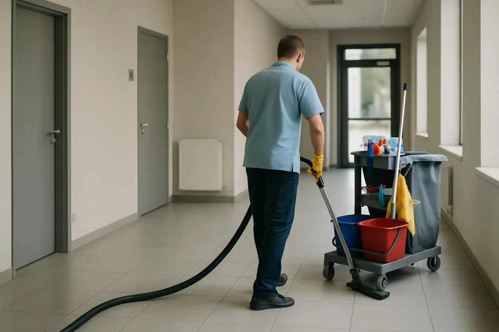 Professionnels du nettoyage dans un appartement à Senlis, utilisant des équipements modernes.