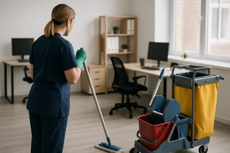 Un employé d'une entreprise de nettoyage à La-Chapelle-D’Armentières nettoyant un appartement lumineux.