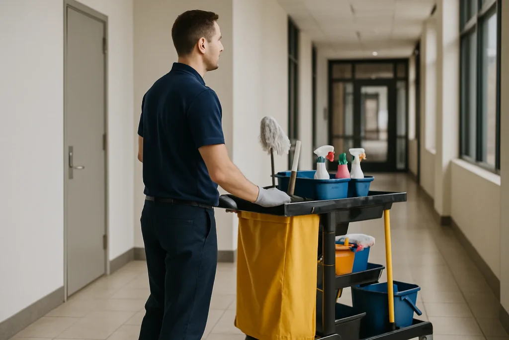 Un agent de nettoyage dans un bureau à Merville utilisant des produits écologiques.
