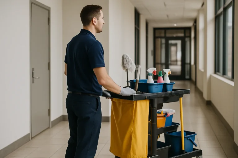 Un agent de nettoyage dans un bureau à Merville utilisant des produits écologiques.