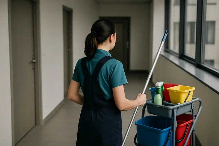 Équipe de nettoyage au travail dans un bureau moderne à Caudry, montrant l'organisation et la propreté.