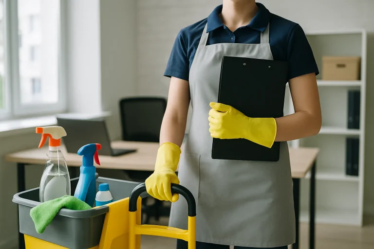 Bureau avec produits de nettoyage, représentant le cadre légal d'une entreprise à Pérenchies.