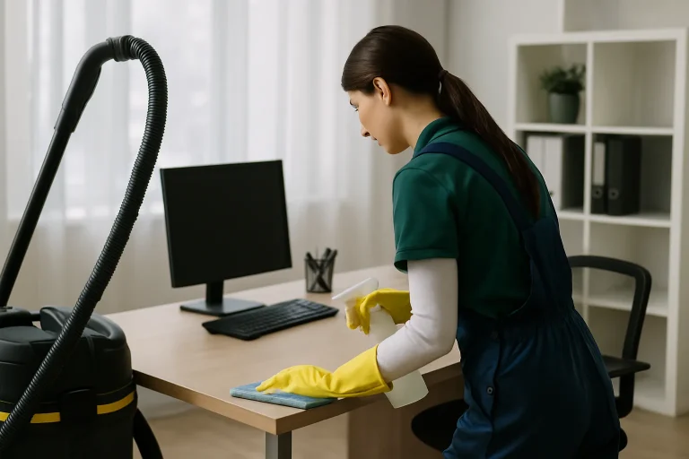 Un employé de nettoyage à Salouël nettoyant un bureau avec des produits professionnels.