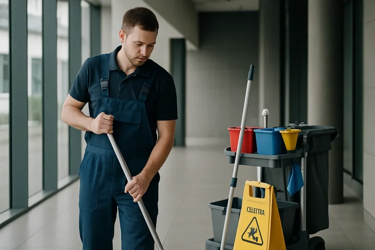 Un agent de nettoyage effectuant un nettoyage dans un appartement à Arques, avec un aspirateur.