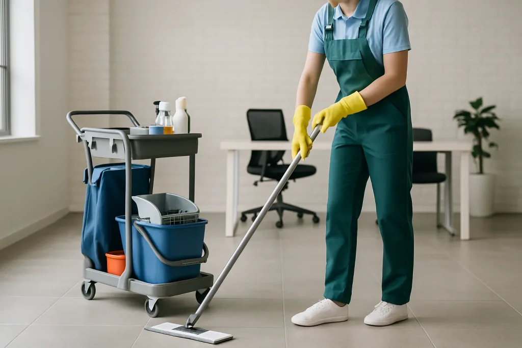 Un professionnel du nettoyage effectuant des tâches ménagères dans un appartement à Provin.