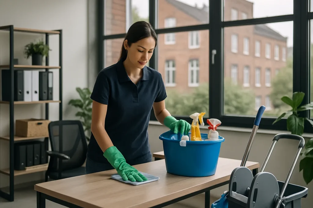 Équipe de nettoyage professionnelle travaillant dans une maison à Wambrechies, montrant une ambiance efficace et organisée.