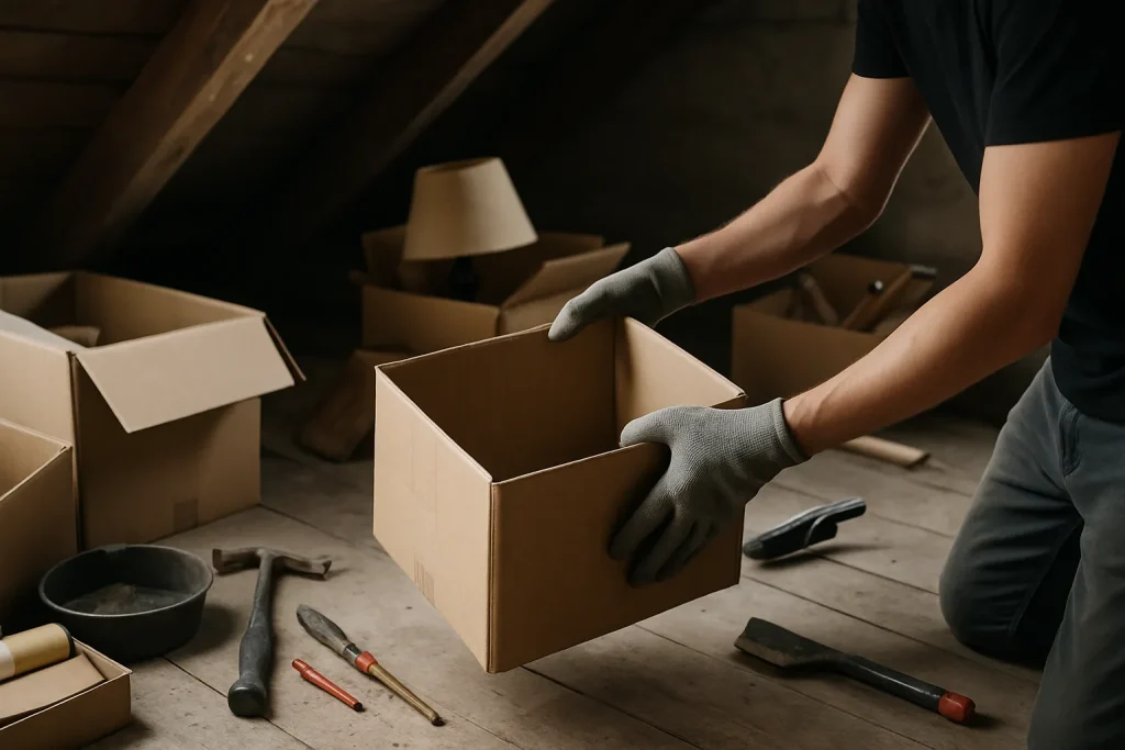 Mains vidant un grenier à Abbeville, cartons et outils visibles