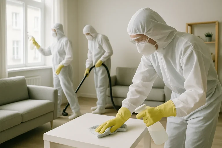 Équipe en combinaisons de protection nettoyant une pièce après un décès.