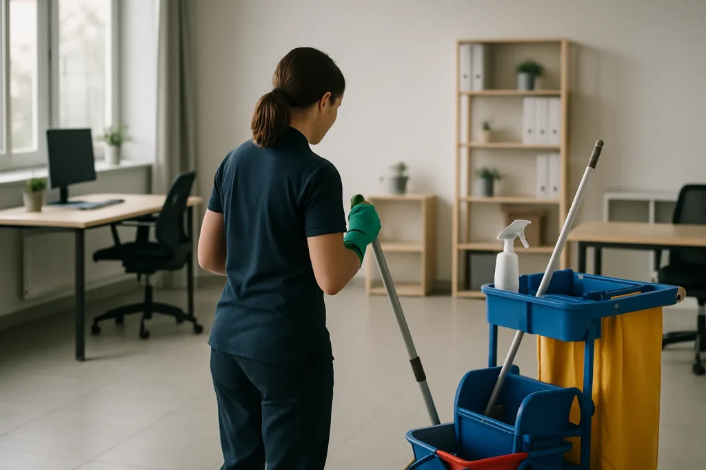 Professionnels du nettoyage au travail dans un bureau à Longuenesse avec des produits écologiques.