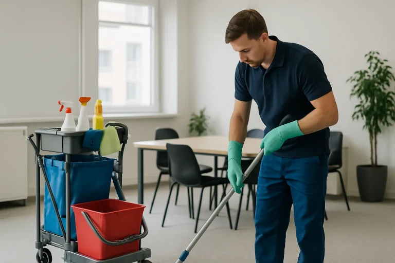Un professionnel nettoie un appartement lumineux à Calais, mettant en valeur des services de nettoyage.