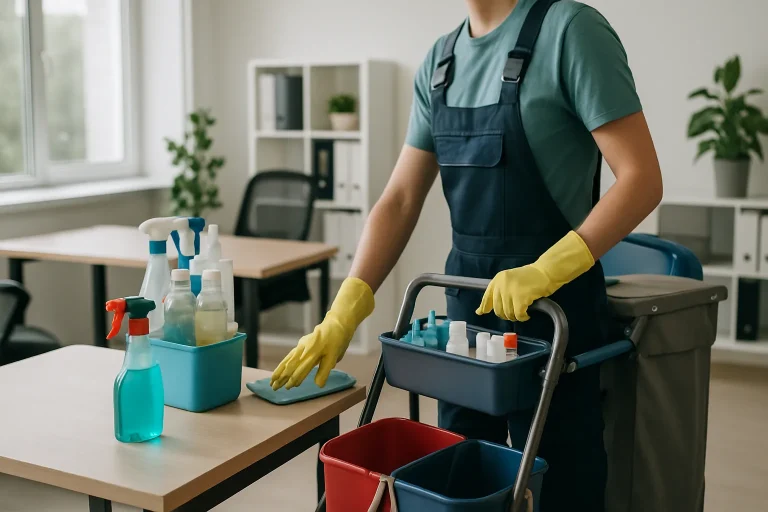 Équipe de nettoyage à Wasquehal utilisant des produits écologiques dans un bureau.