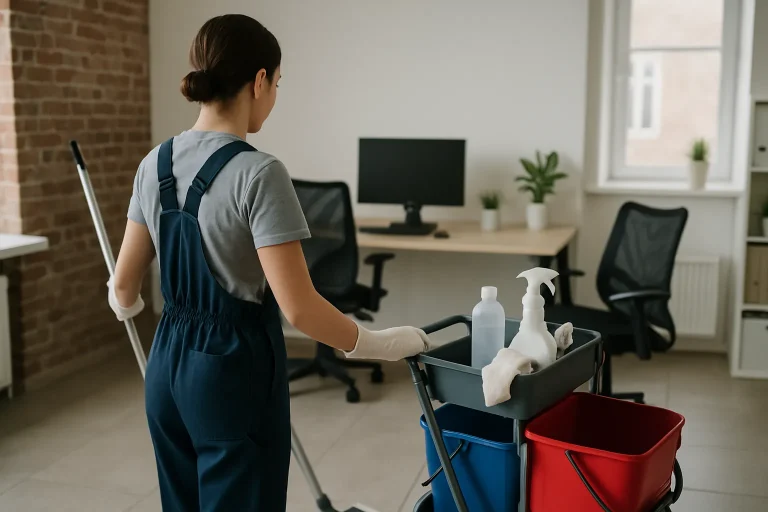 Un technicien de nettoyage à Achicourt aspirant un sol dans un intérieur moderne et lumineux.