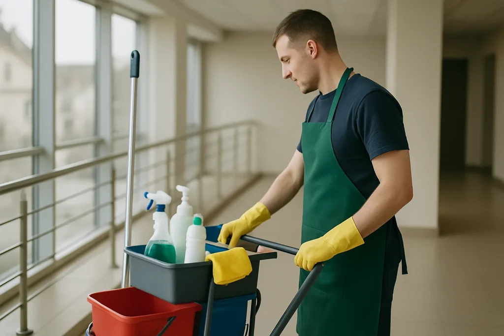 Un agent de nettoyage à Laon s'active dans un bureau lumineux avec des produits écologiques.