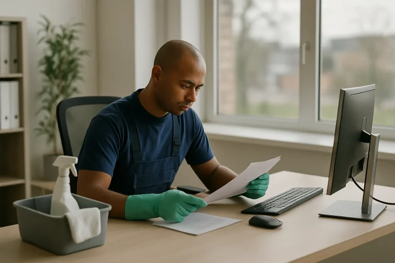 Un expert en nettoyage examine des documents dans un bureau à Péronne, vue extérieure floue.
