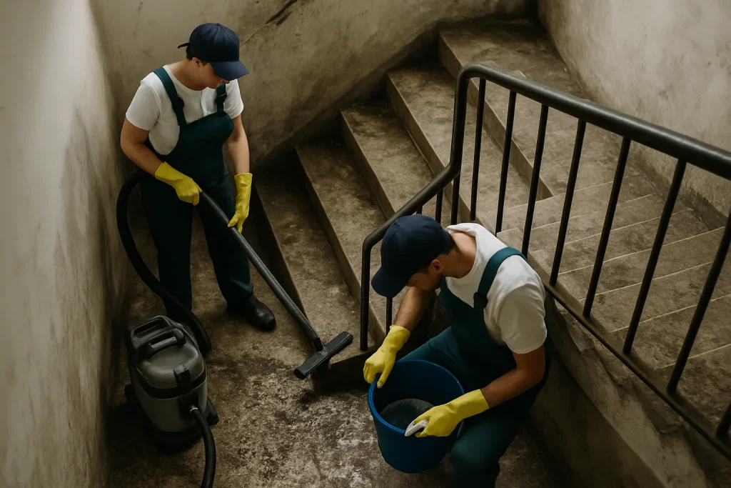 Deux agents de nettoyage travaillant dans une cage d'escalier très sale avec murs et sols encrassés.
