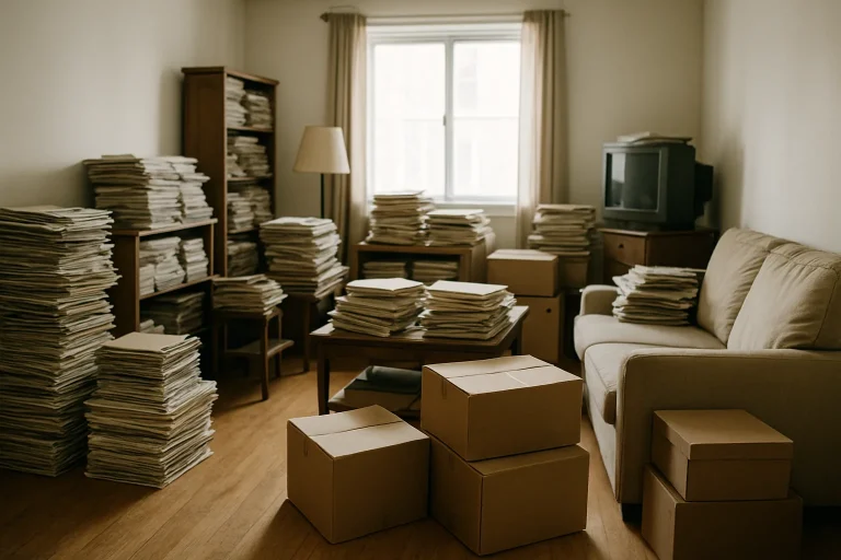 Salon encombré avec piles de journaux et cartons, lumière naturelle.