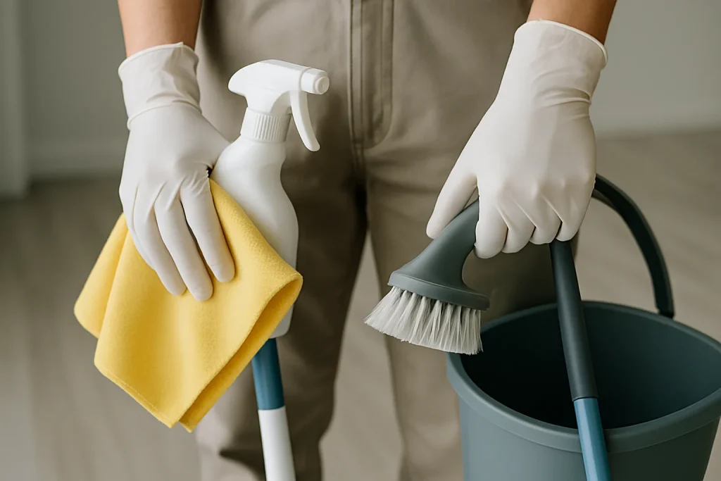 Mains en gants manipulant des outils de nettoyage dans un appartement à Amiens
