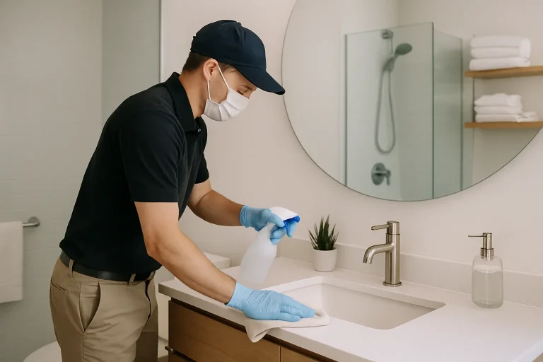 Agent de nettoyage désinfectant une salle de bain moderne et propre