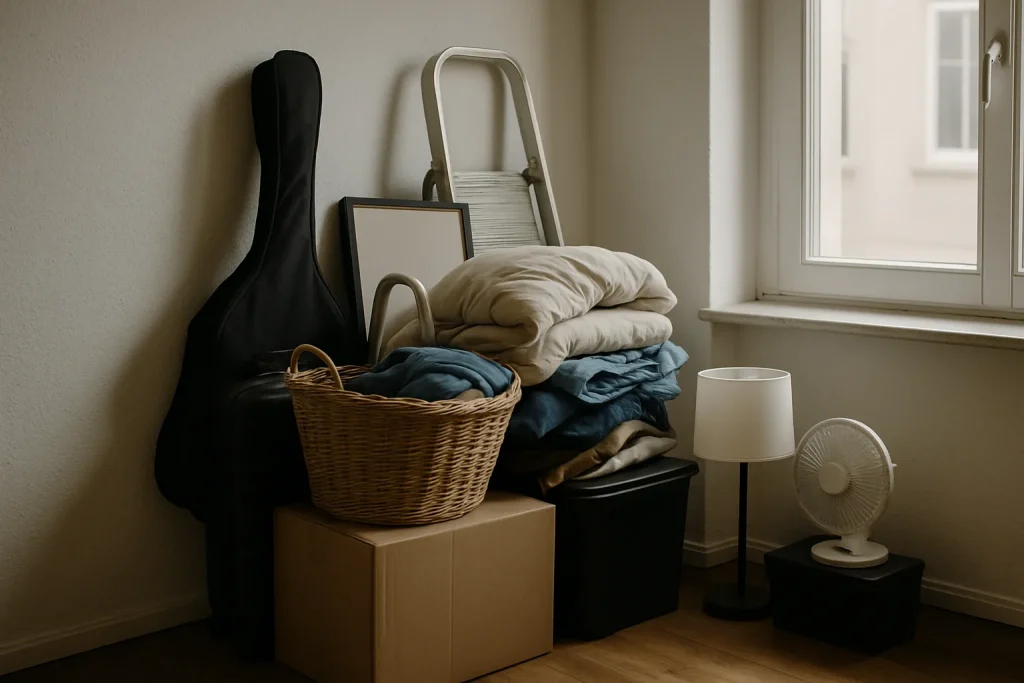 Tas d'objets divers entassés dans un coin d'appartement avec lumière naturelle.