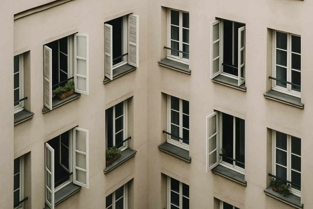 Immeuble résidentiel avec fenêtres ouvertes, vue extérieure en journée.