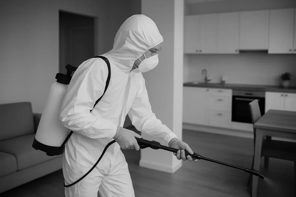 Technicien en combinaison de protection traitant un appartement contre les punaises de lit