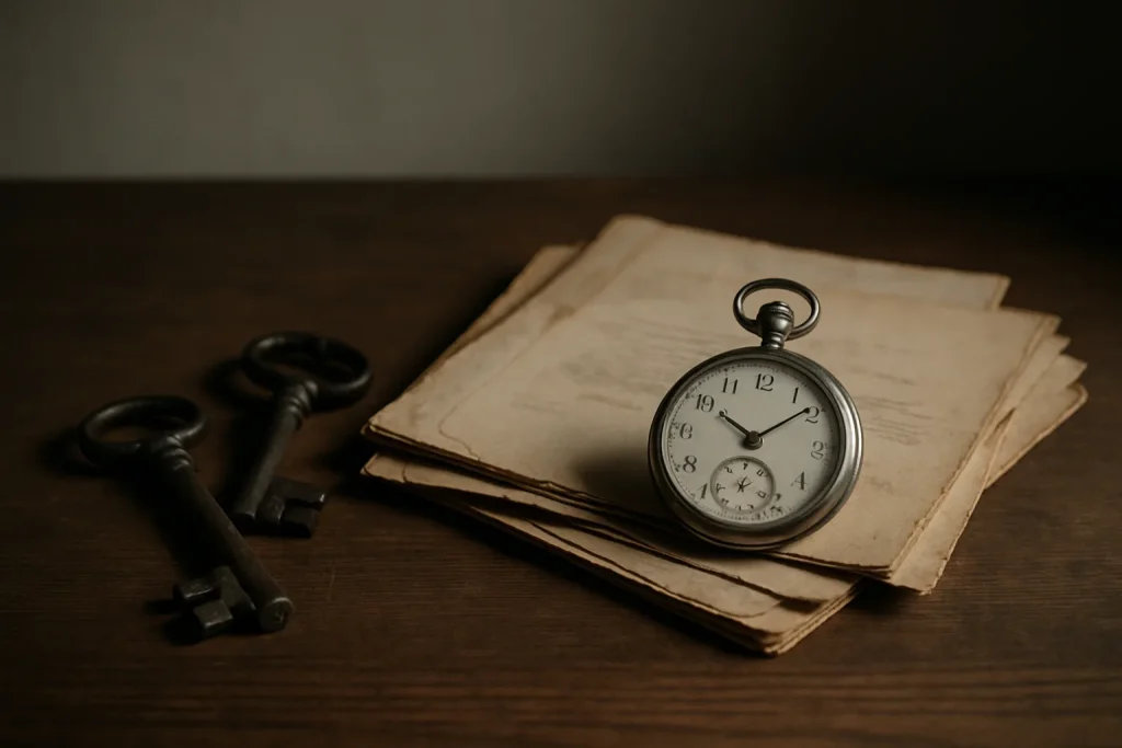 Table avec clés anciennes, montre à gousset et documents jaunis, éclairage doux.