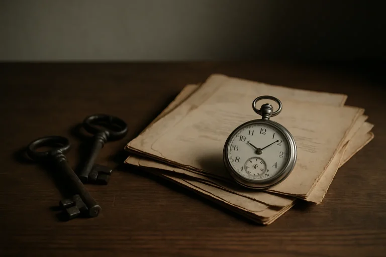 Table avec clés anciennes, montre à gousset et documents jaunis, éclairage doux.
