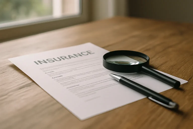 Document d'assurance habitation avec loupe et stylo sur une table en bois.