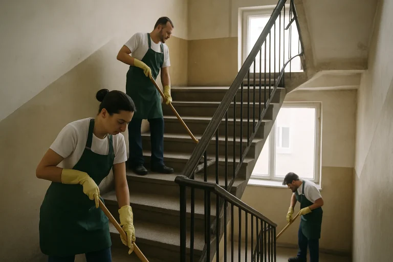 Deux agents effectuent un nettoyage dans une cage d'escalier d'immeuble, outils en main.