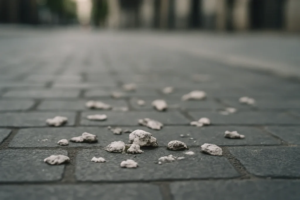 Gros plan sur des fientes de pigeon sur un sol urbain pavé, éclairage naturel.