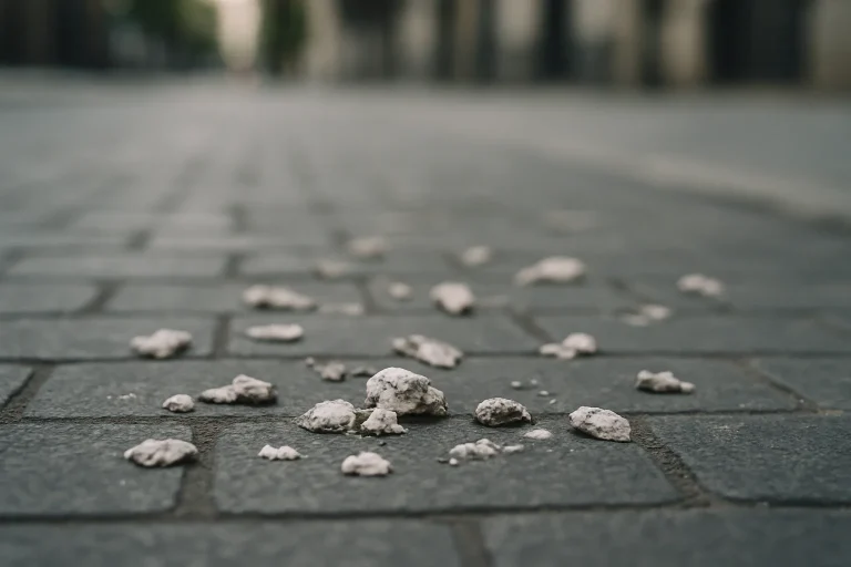 Gros plan sur des fientes de pigeon sur un sol urbain pavé, éclairage naturel.
