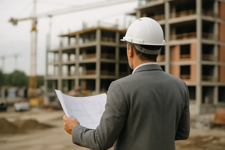 Expert en bâtiment tenant des plans, observant un chantier de construction.