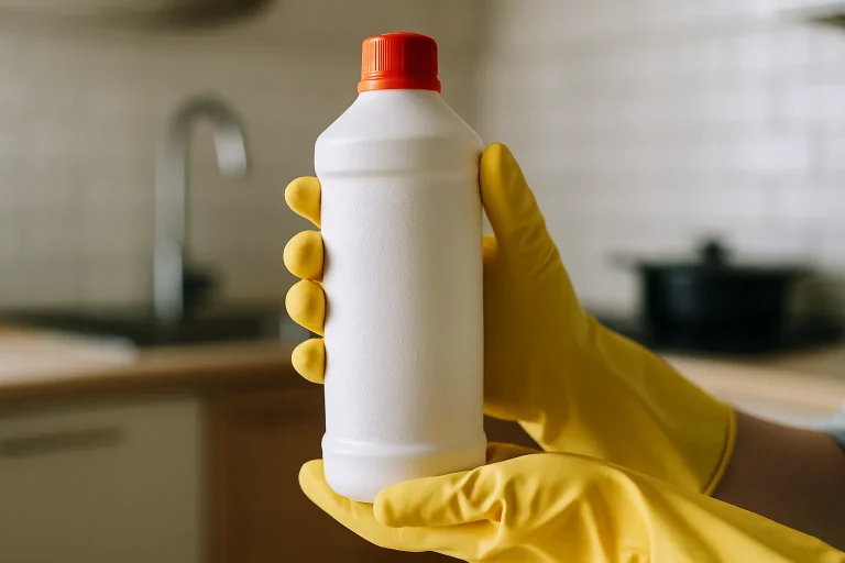 Gants en caoutchouc avec un flacon de désinfectant concentré en arrière-plan flou