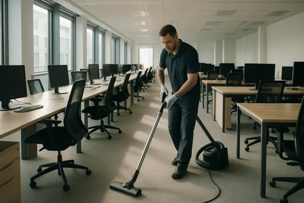 Agent de nettoyage passant l'aspirateur dans un bureau vide, rangées de bureaux visibles.