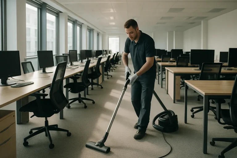 Agent de nettoyage passant l'aspirateur dans un bureau vide, rangées de bureaux visibles.