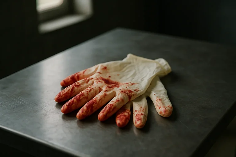 Gros plan de gants en latex ensanglantés sur une table métallique éclairée par la lumière naturelle.