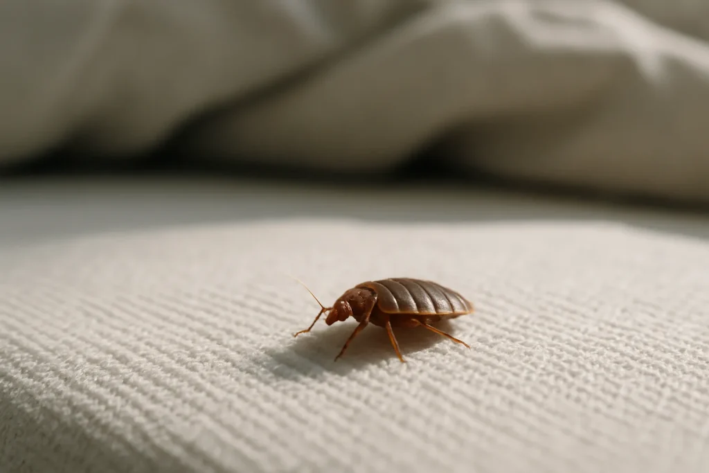 Punaise de lit sur un matelas, éclairage naturel, arrière-plan flou.