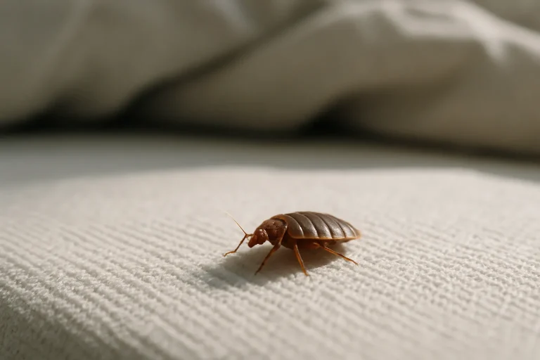 Punaise de lit sur un matelas, éclairage naturel, arrière-plan flou.