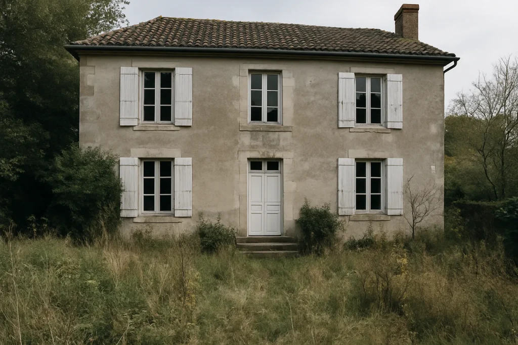 Vue extérieure d'une maison ancienne avec jardin en friche, éclairage jour