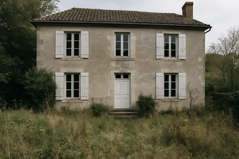 Vue extérieure d'une maison ancienne avec jardin en friche, éclairage jour